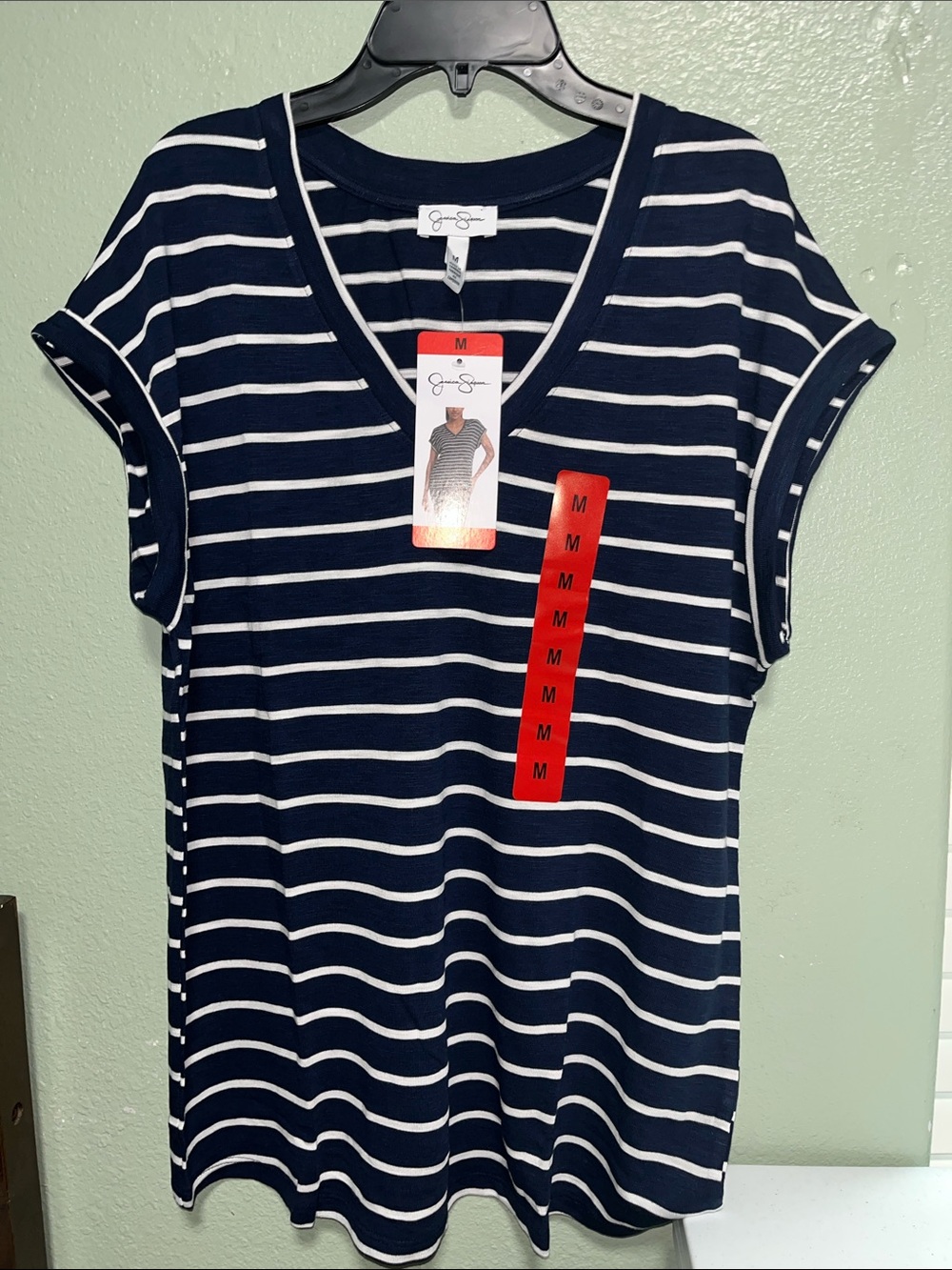 Jessica Simpson Navy & White Striped V-Neck Tee
